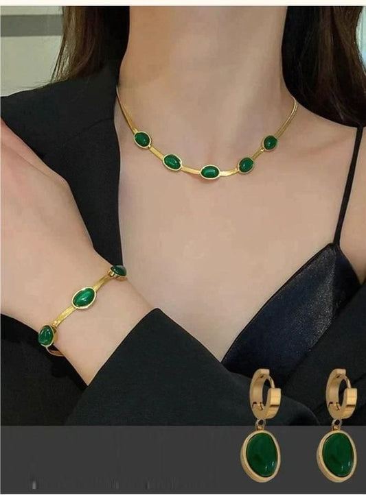 Oval Green Crystal Pendant Necklace & Bracelet Set for Women - Gold Plated Stainless Steel Jewelry