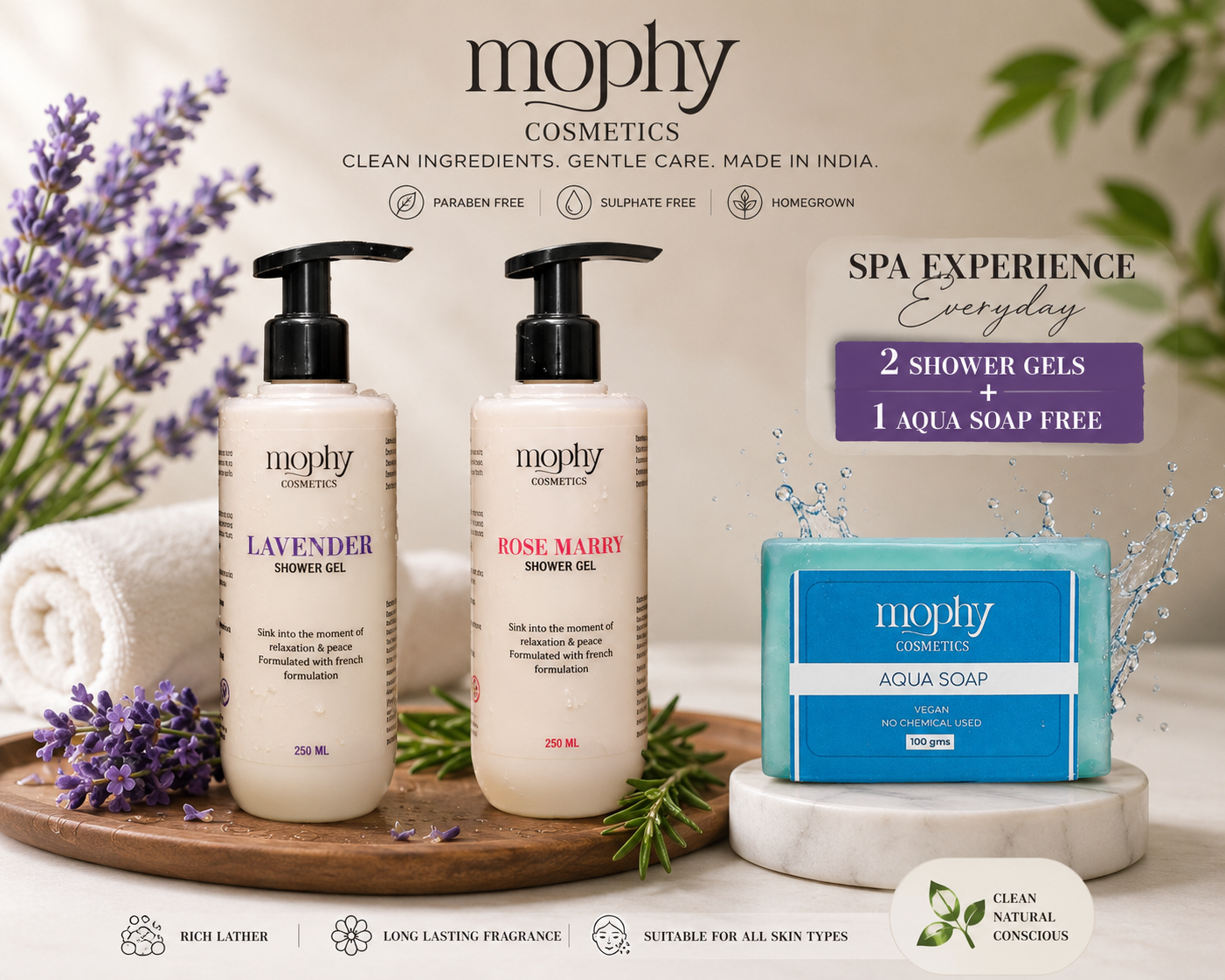 Mophy Nourish Cleanse Glow Combo  500ml Lavender + Rosemary Shower Gel  🎁 FREE Aqua Soap (100g)  Paraben & Sulphate Free