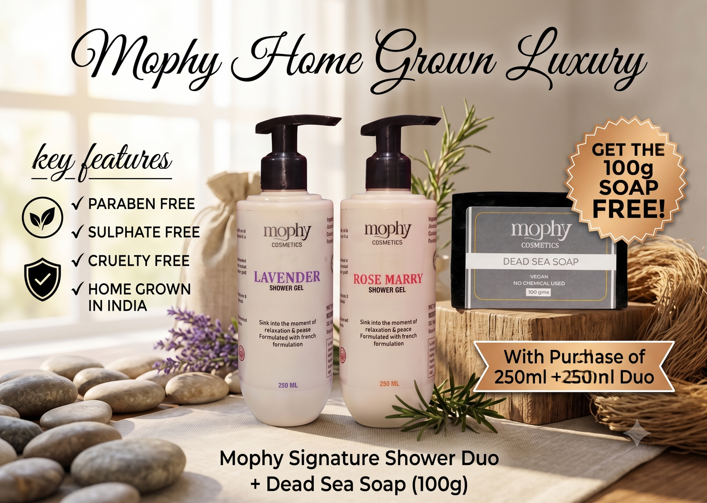 Mophy Nourish Cleanse Glow Combo  500ml Lavender + Rosemary Shower Gel  🎁 FREE Dead Sea Soap (100g)  Paraben & Sulphate Free