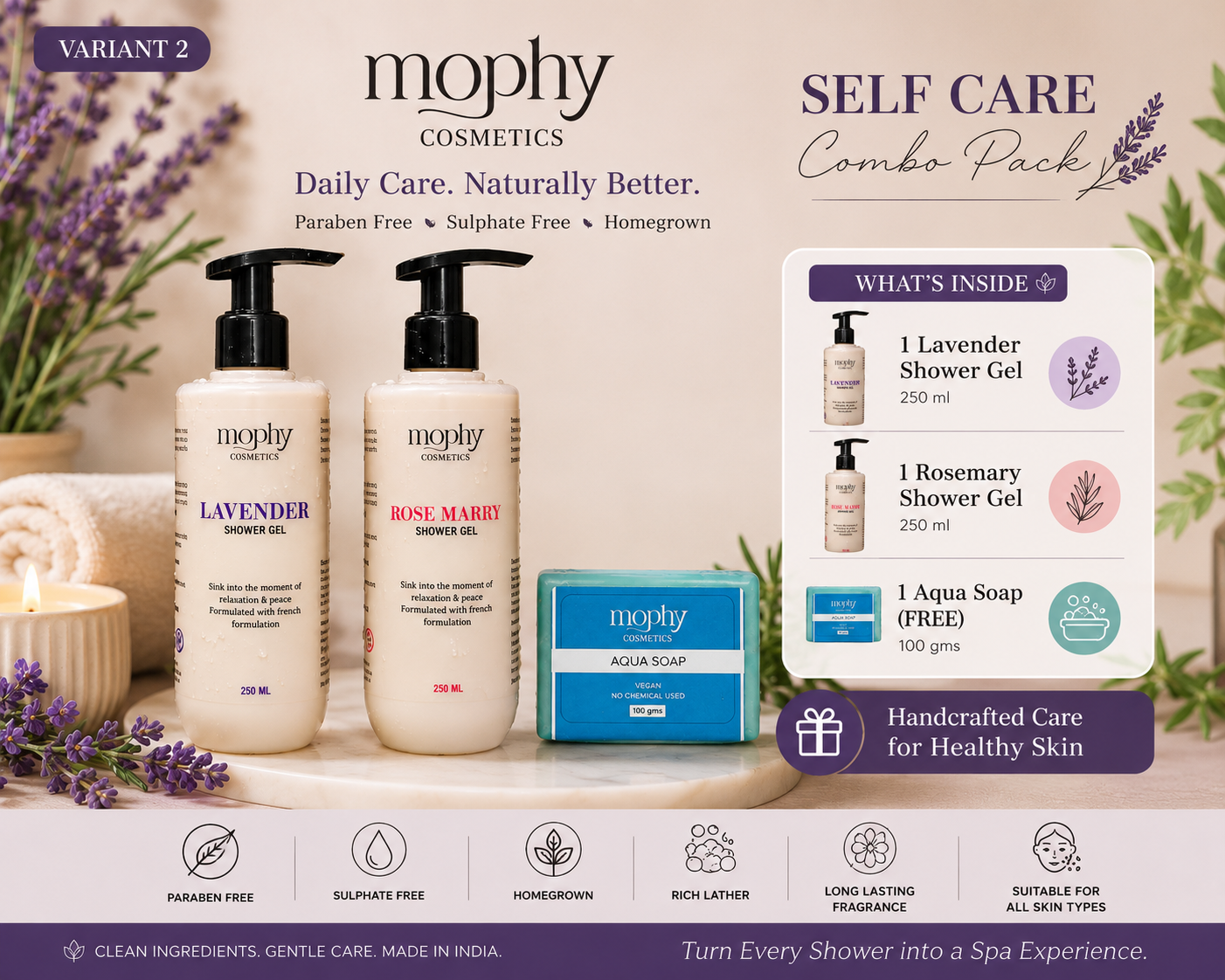 Mophy Nourish Cleanse Glow Combo  500ml Lavender + Rosemary Shower Gel  🎁 FREE Aqua Soap (100g)  Paraben & Sulphate Free