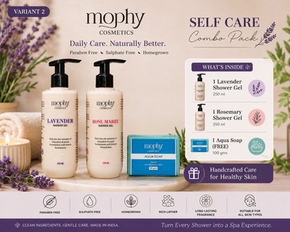 Mophy Nourish Cleanse Glow Combo  500ml Lavender + Rosemary Shower Gel  🎁 FREE Aqua Soap (100g)  Paraben & Sulphate Free