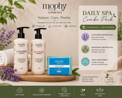 Mophy Nourish Cleanse Glow Combo  500ml Lavender + Rosemary Shower Gel  🎁 FREE Aqua Soap (100g)  Paraben & Sulphate Free