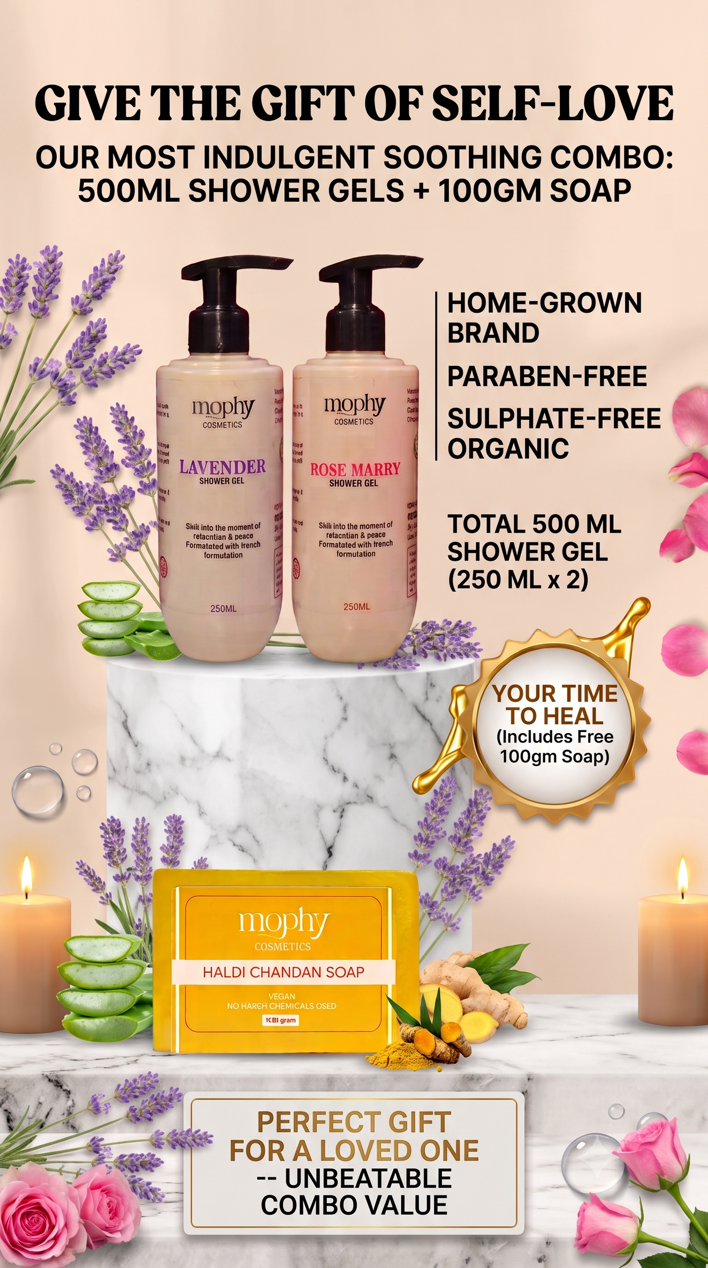 Mophy Nourish Cleanse Glow Combo  500ml Lavender + Rosemary Shower Gel  🎁 FREE Haldi Chandan Soap (100g)  Paraben & Sulphate Free
