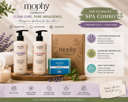Mophy Nourish Cleanse Glow Combo  500ml Lavender + Rosemary Shower Gel  🎁 FREE Aqua Soap (100g)  Paraben & Sulphate Free