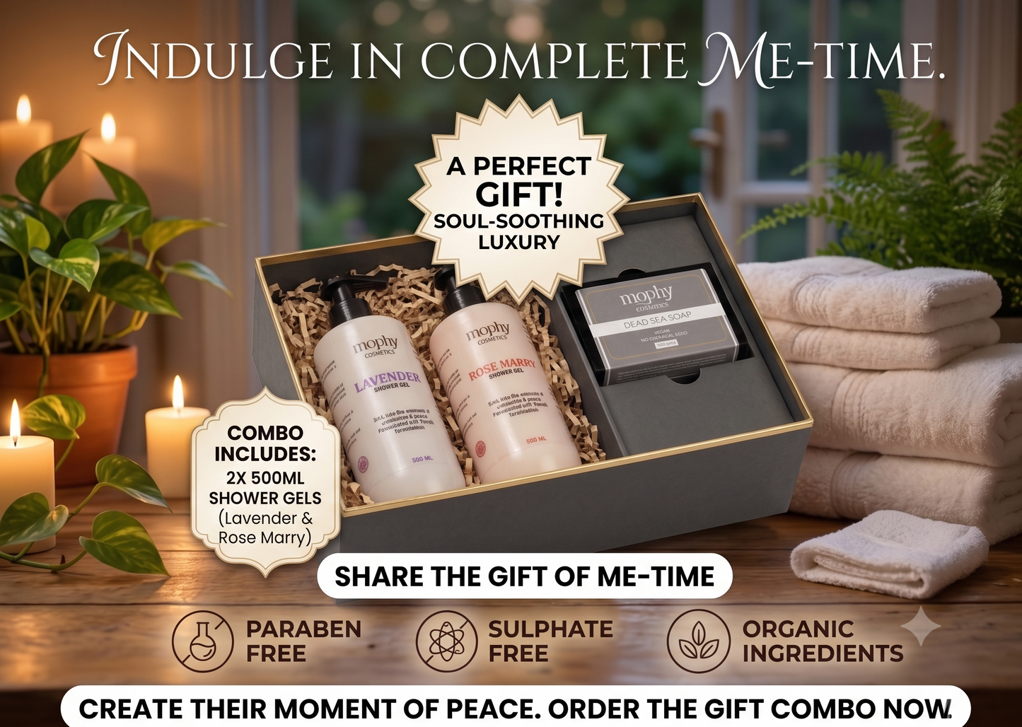 Mophy Nourish Cleanse Glow Combo  500ml Lavender + Rosemary Shower Gel  🎁 FREE Dead Sea Soap (100g)  Paraben & Sulphate Free
