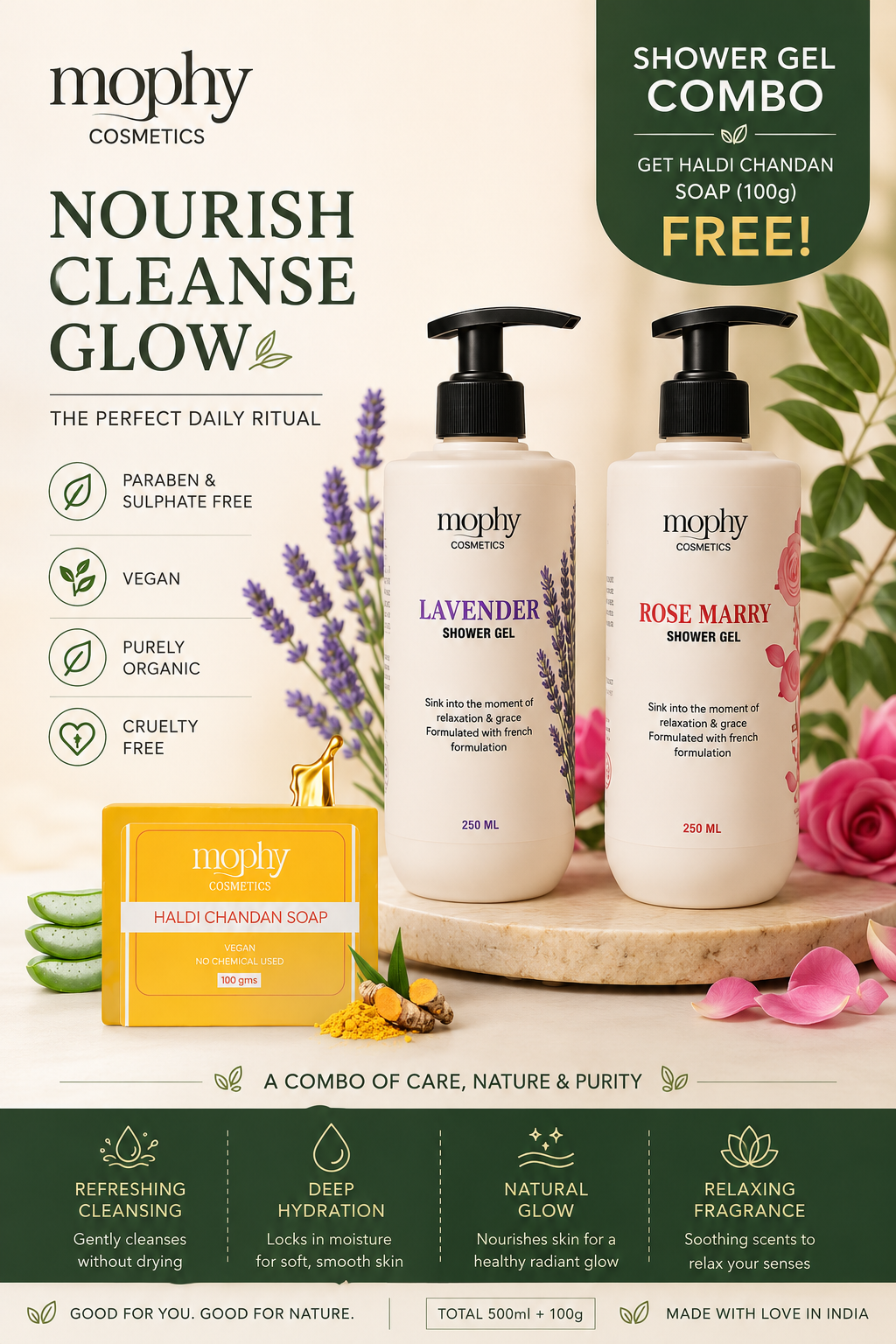 Mophy Nourish Cleanse Glow Combo  500ml Lavender + Rosemary Shower Gel  🎁 FREE Haldi Chandan Soap (100g)  Paraben & Sulphate Free