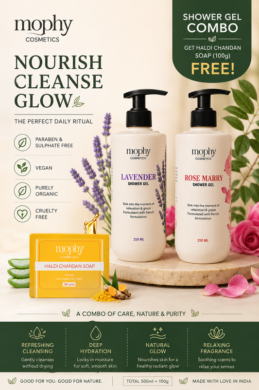 Mophy Nourish Cleanse Glow Combo  500ml Lavender + Rosemary Shower Gel  🎁 FREE Haldi Chandan Soap (100g)  Paraben & Sulphate Free