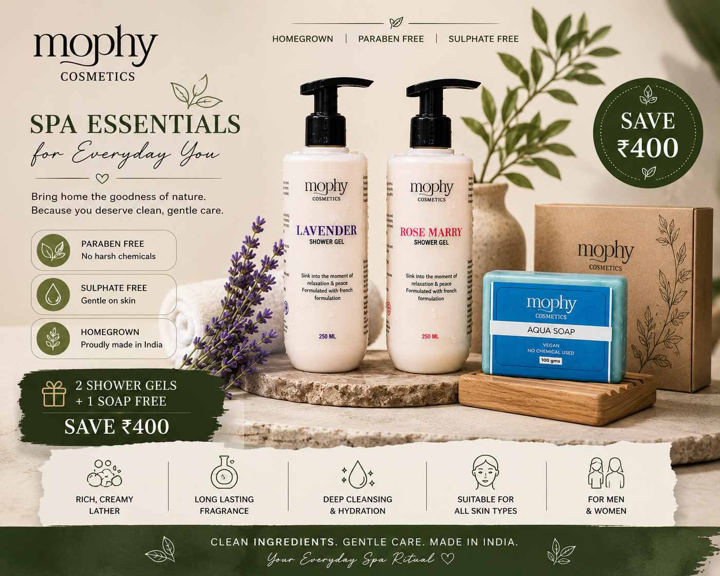 Mophy Nourish Cleanse Glow Combo  500ml Lavender + Rosemary Shower Gel  🎁 FREE Aqua Soap (100g)  Paraben & Sulphate Free