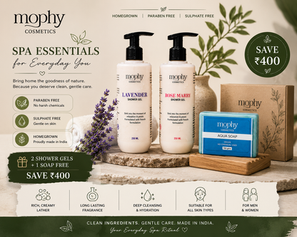 Mophy Nourish Cleanse Glow Combo  500ml Lavender + Rosemary Shower Gel  🎁 FREE Aqua Soap (100g)  Paraben & Sulphate Free
