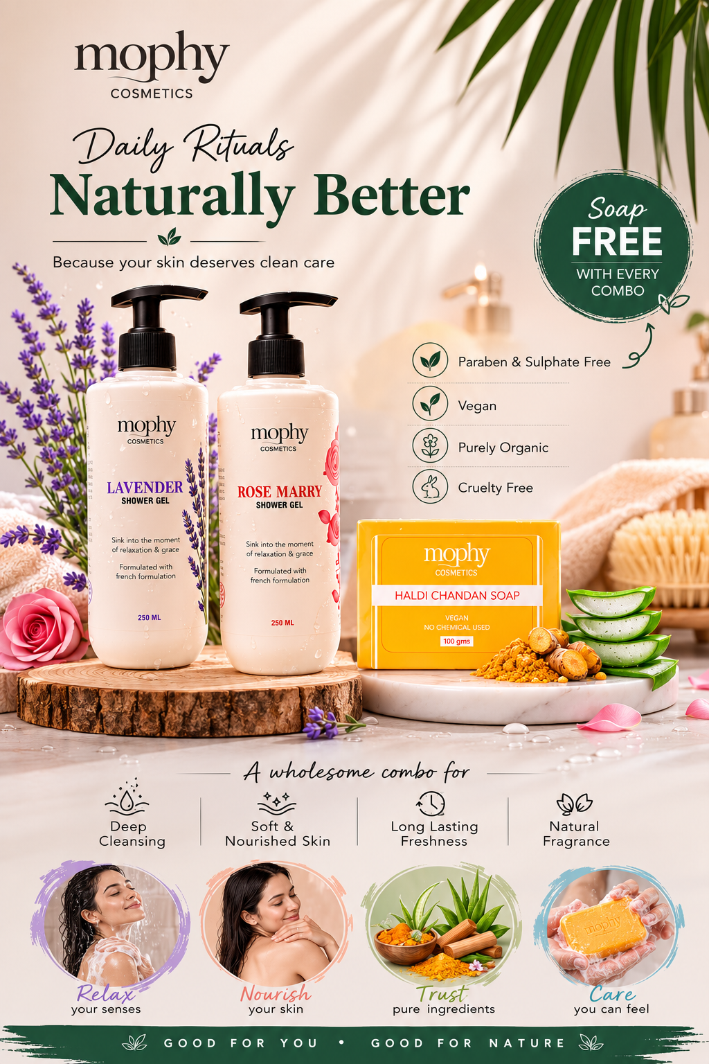 Mophy Nourish Cleanse Glow Combo  500ml Lavender + Rosemary Shower Gel  🎁 FREE Haldi Chandan Soap (100g)  Paraben & Sulphate Free