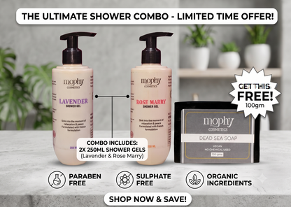 Mophy Nourish Cleanse Glow Combo  500ml Lavender + Rosemary Shower Gel  🎁 FREE Dead Sea Soap (100g)  Paraben & Sulphate Free