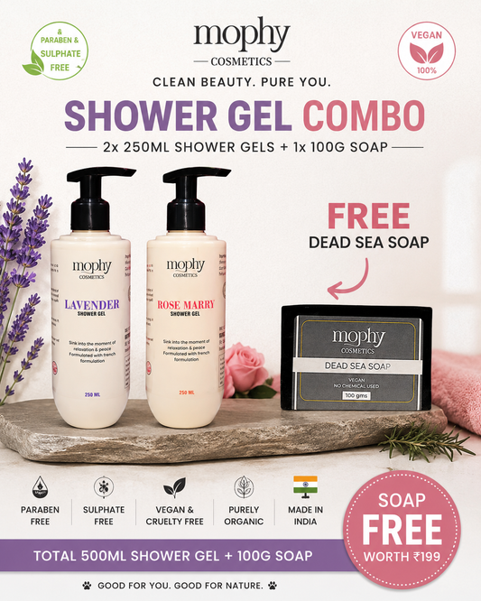Mophy Nourish Cleanse Glow Combo  500ml Lavender + Rosemary Shower Gel  🎁 FREE Dead Sea Soap (100g)  Paraben & Sulphate Free