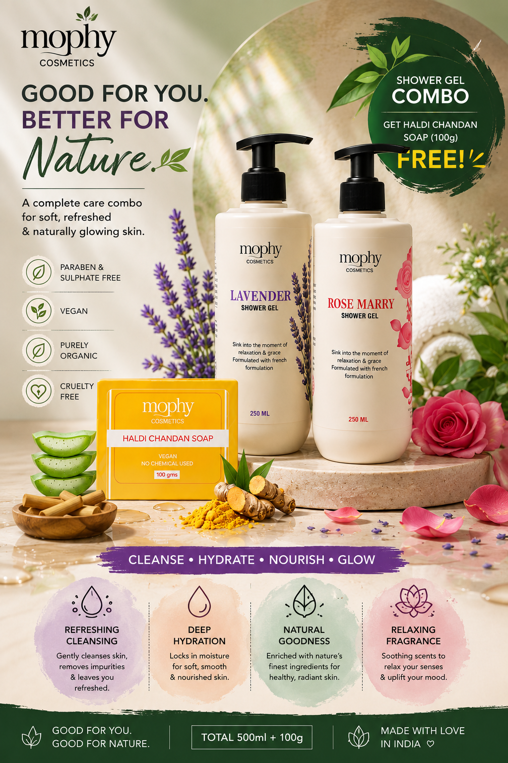 Mophy Nourish Cleanse Glow Combo  500ml Lavender + Rosemary Shower Gel  🎁 FREE Haldi Chandan Soap (100g)  Paraben & Sulphate Free