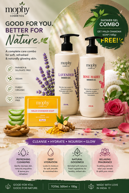 Mophy Nourish Cleanse Glow Combo  500ml Lavender + Rosemary Shower Gel  🎁 FREE Haldi Chandan Soap (100g)  Paraben & Sulphate Free