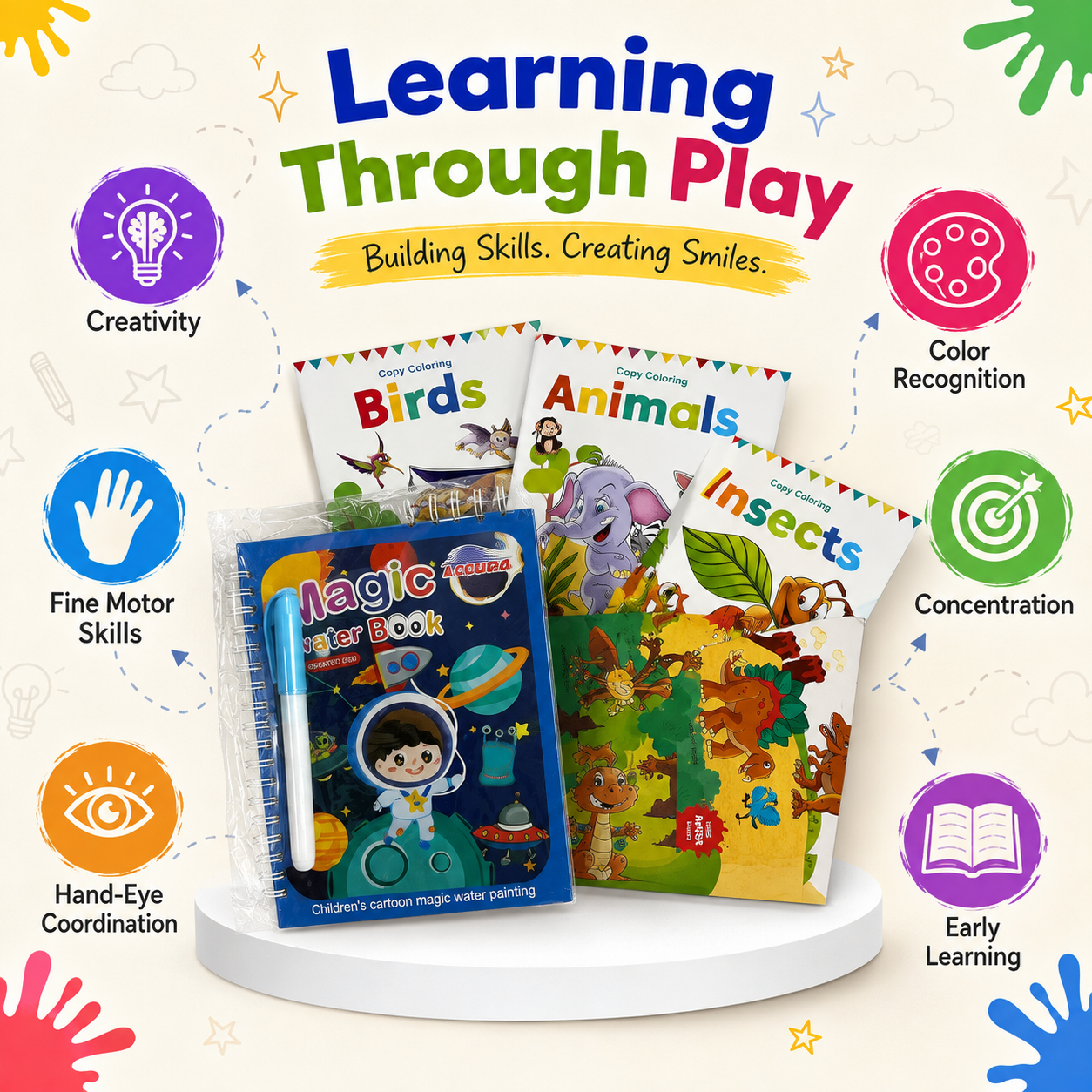 A children's educational toy set displayed on a white pedestal against a light cream background. The set includes a blue 'Magic Water Book' with a water-paint pen, three colorful activity book covers ('Birds', 'Animals', 'Insects'), and a round toy base.
