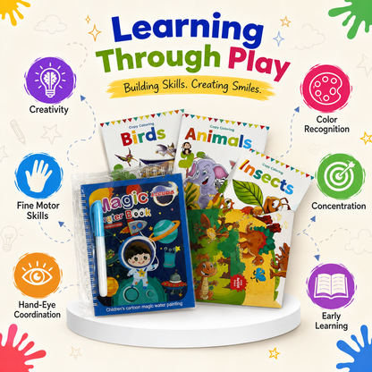 A children's educational toy set displayed on a white pedestal against a light cream background. The set includes a blue 'Magic Water Book' with a water-paint pen, three colorful activity book covers ('Birds', 'Animals', 'Insects'), and a round toy base.