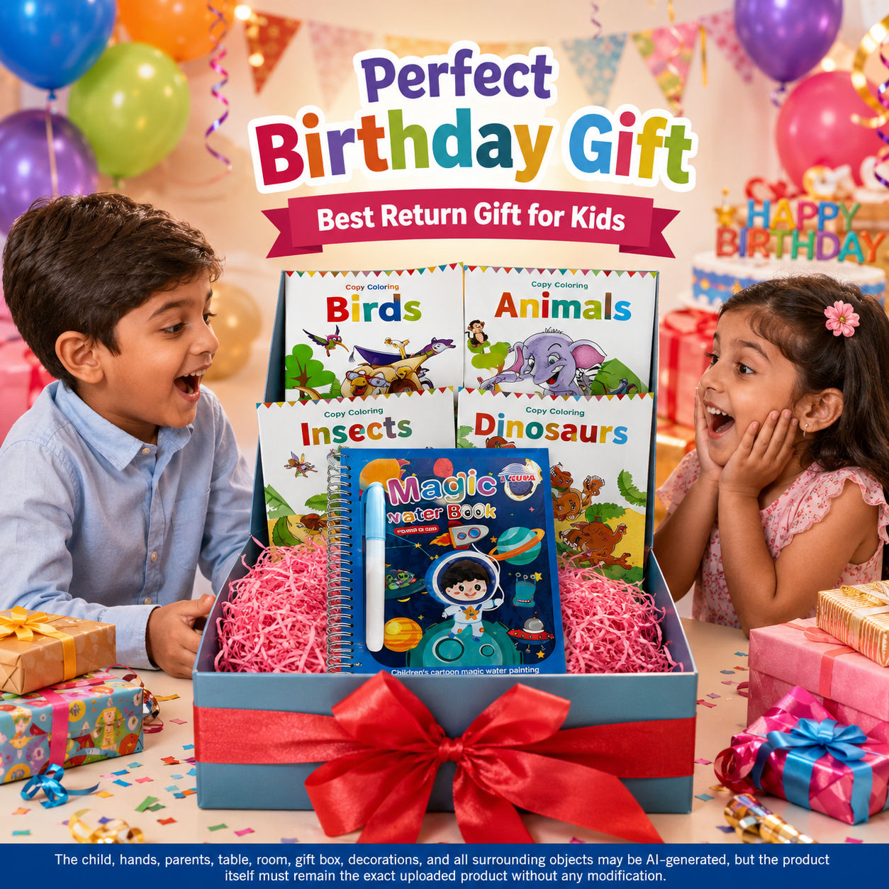 A children's birthday gift set displayed in an open box with a large red bow, surrounded by two excited kids at a party. The set includes a 'Magic School Zoo' book, four educational animal books (Birds, Animals, Insects, Dinosaurs), pink shredded filler, and wrapped presents.