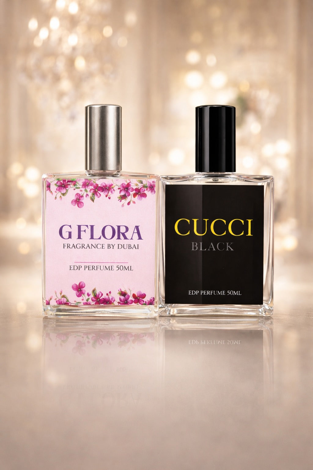 Two perfume bottles, one labeled 'GFlora' and the other 'Cucci Black', on a reflective surface with a blurred light background.