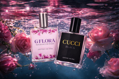 Two perfume bottles, one labeled 'G Flora' and the other 'Gucci Black', surrounded by pink roses underwater.