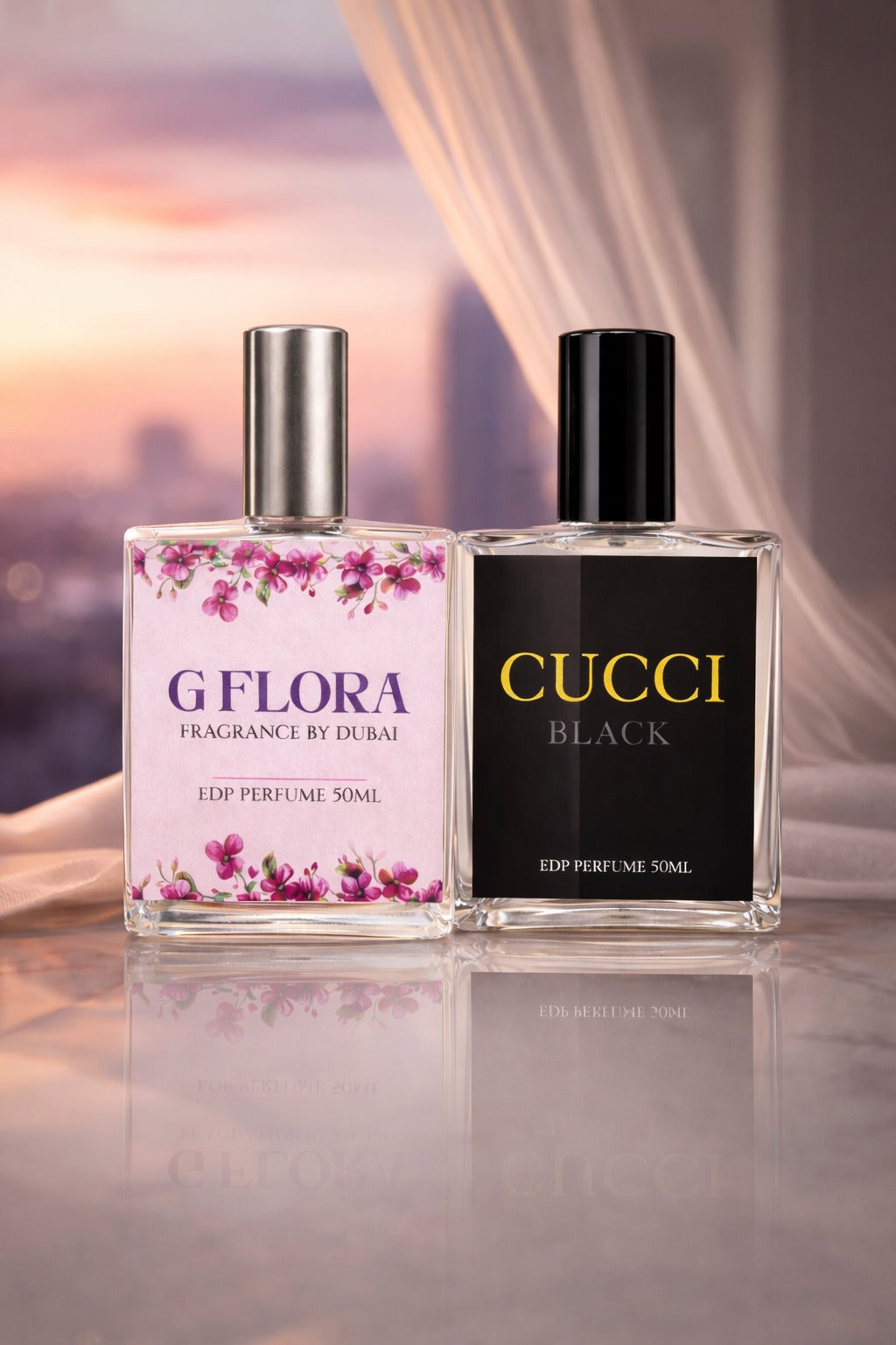 Two perfume bottles, one labeled 'G Flora' and the other 'Cucci Black', against a soft-focus background.