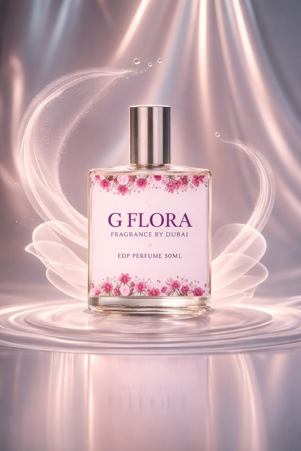 G Flora perfume bottle with floral design on a reflective surface