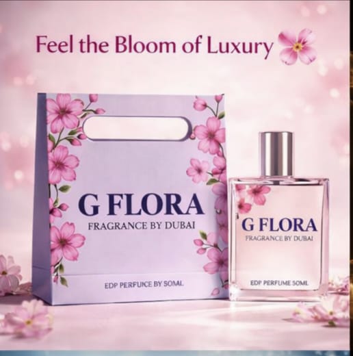 G Flora fragrance by Dubai with packaging and perfume bottle on a pink floral background