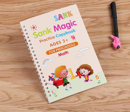 Sank Magic Practice Copybook for preschools on a wooden surface with a pen and eraser.