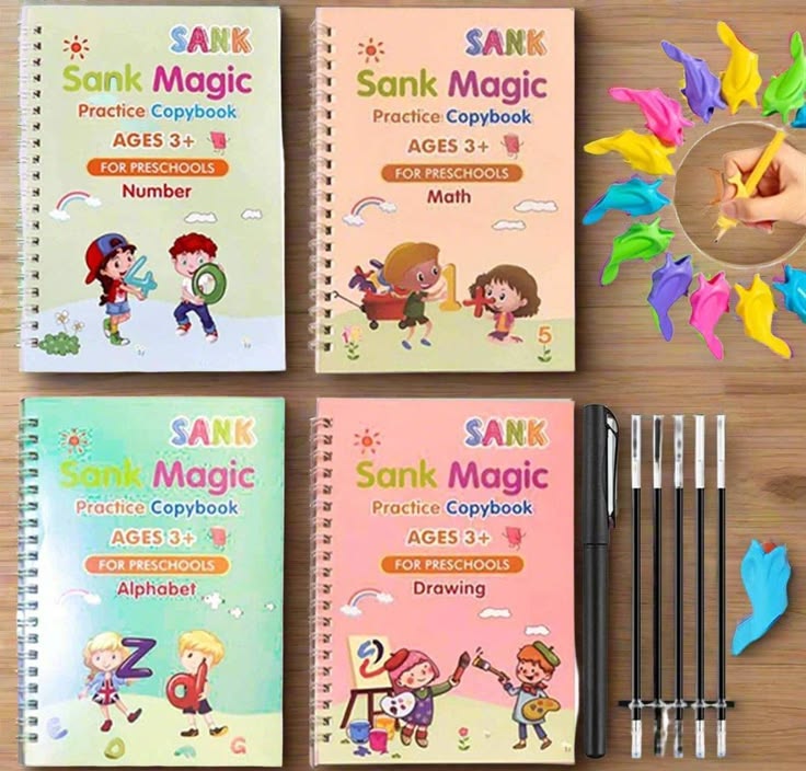 Four colorful 'Sank Magic' practice copybooks for preschoolers on a wooden surface with pens and markers.
