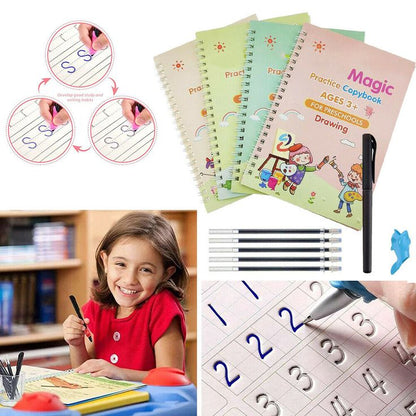 Collage of educational materials including practice copybooks, pens, and a child writing.