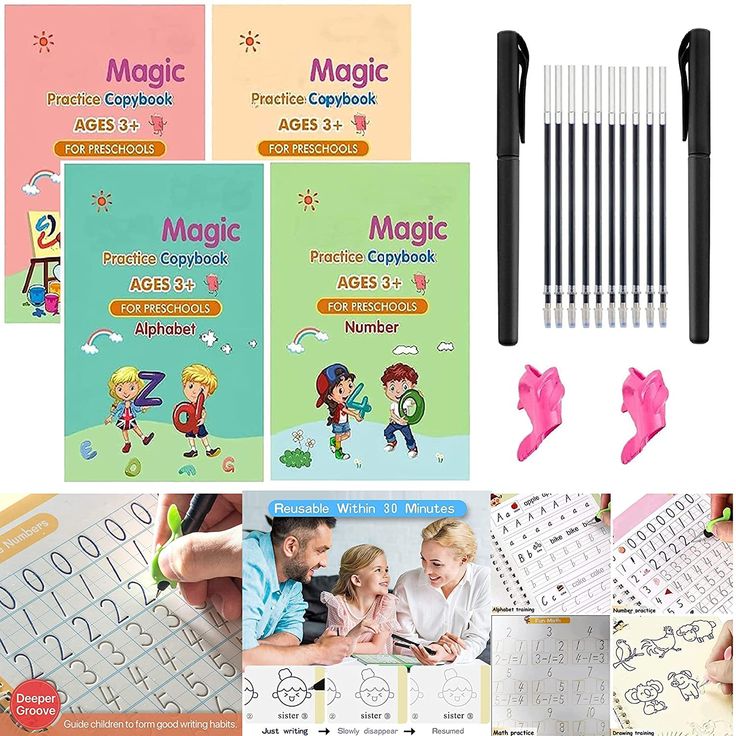Collage of Magic Practice Copybooks for preschoolers, pens, and educational materials.