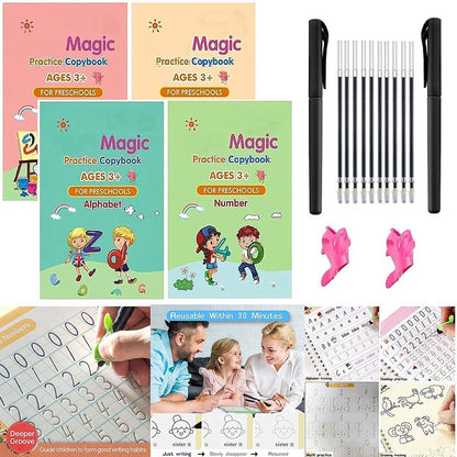 Collage of Magic Practice Copybooks for preschoolers, pens, and educational materials.