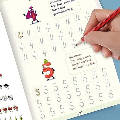Handwriting practice sheet with numbers 4 and 5, featuring cartoon illustrations and rhymes.