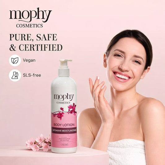 Mophy Cosmetics body lotion with a woman applying lotion on her arm against a pink background