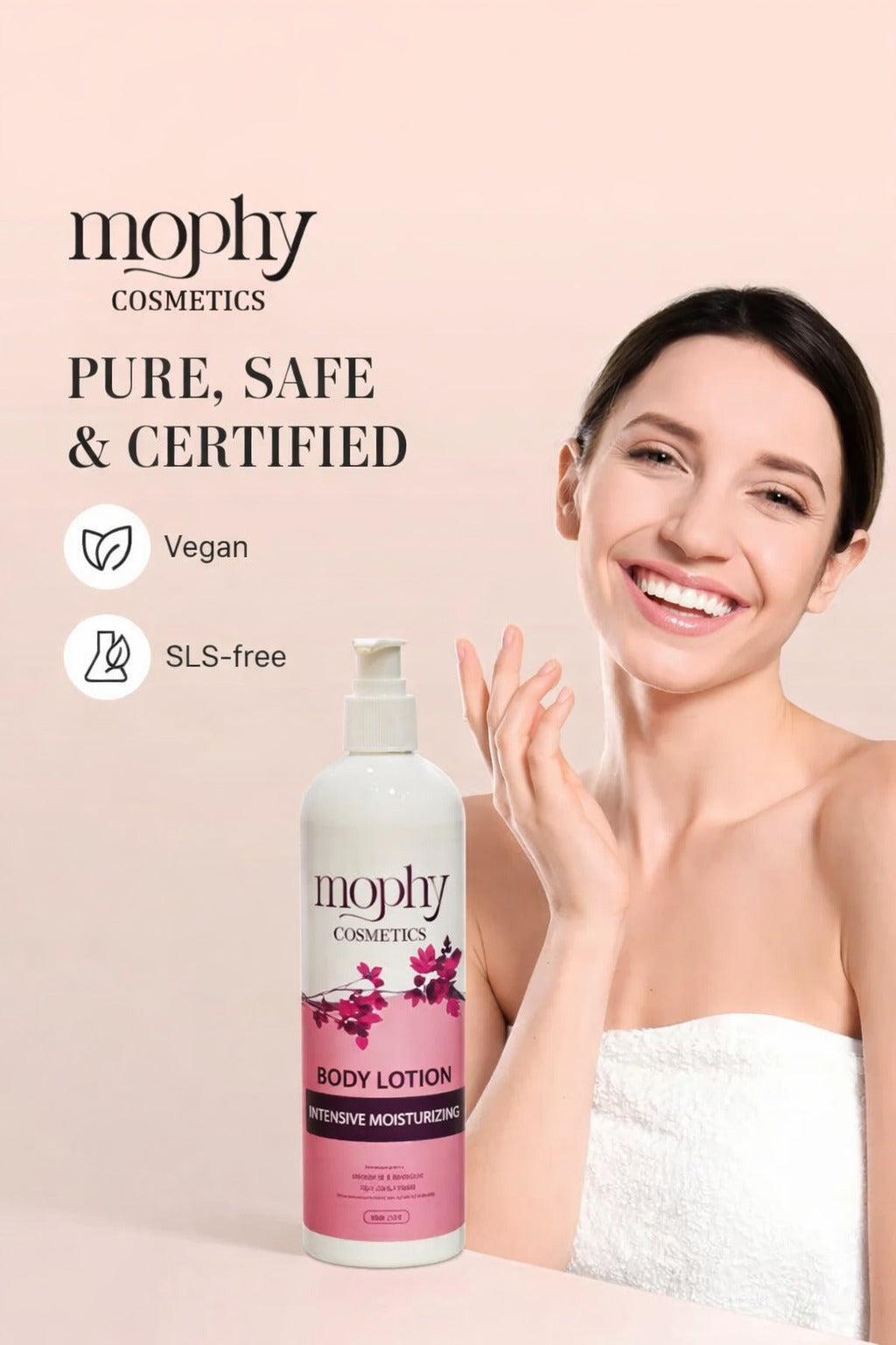 mophy Cosmetics body lotion with a woman applying lotion on her arm against a pink background
