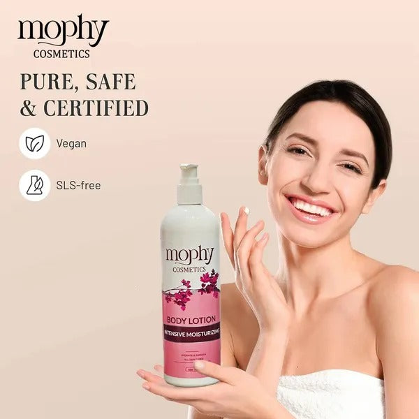 Woman holding a mophy Cosmetics body lotion bottle with a beige background