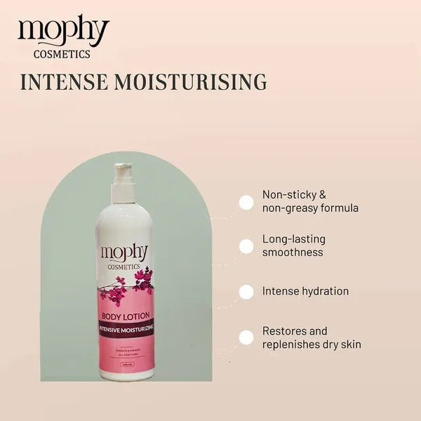 Mophy Cosmetics body lotion with product details on a light pink background