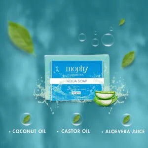 Mophy Aqua Soap packaging with aloe vera slices and leaves on a blue background