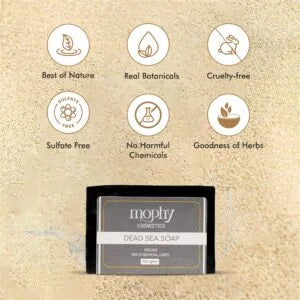 Morphy Cosmetics Dead Sea Soap packaging with certification icons on a beige background