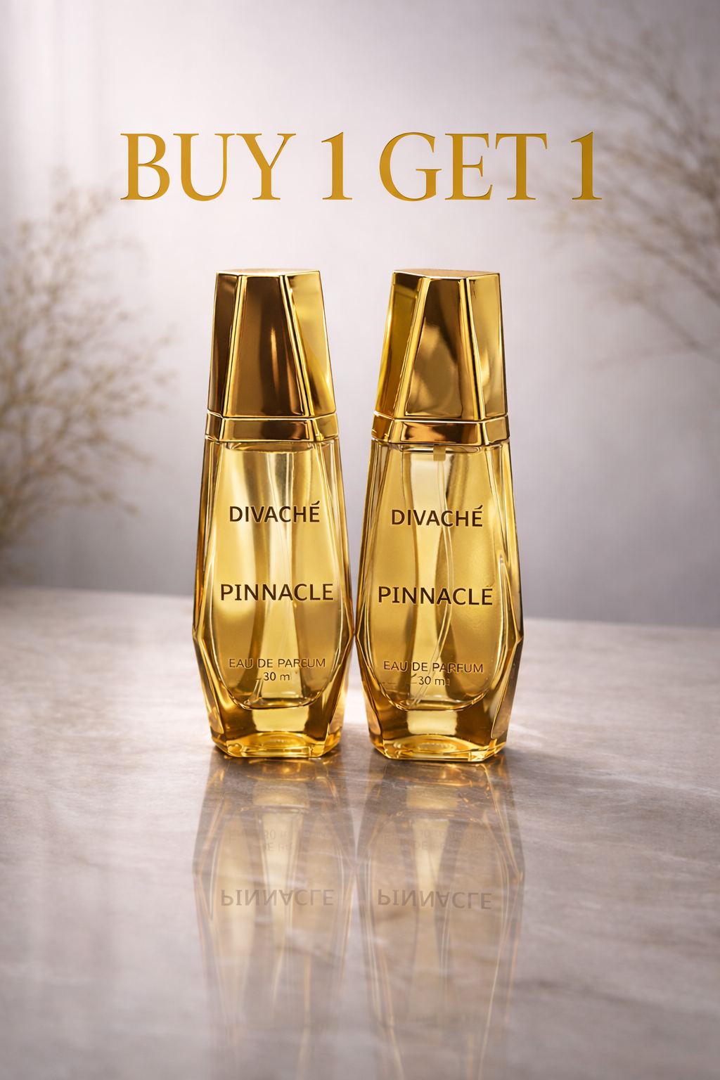 Two gold Divache Pinnacle perfume bottles on a reflective surface with 'Buy 1 Get 1' text.
