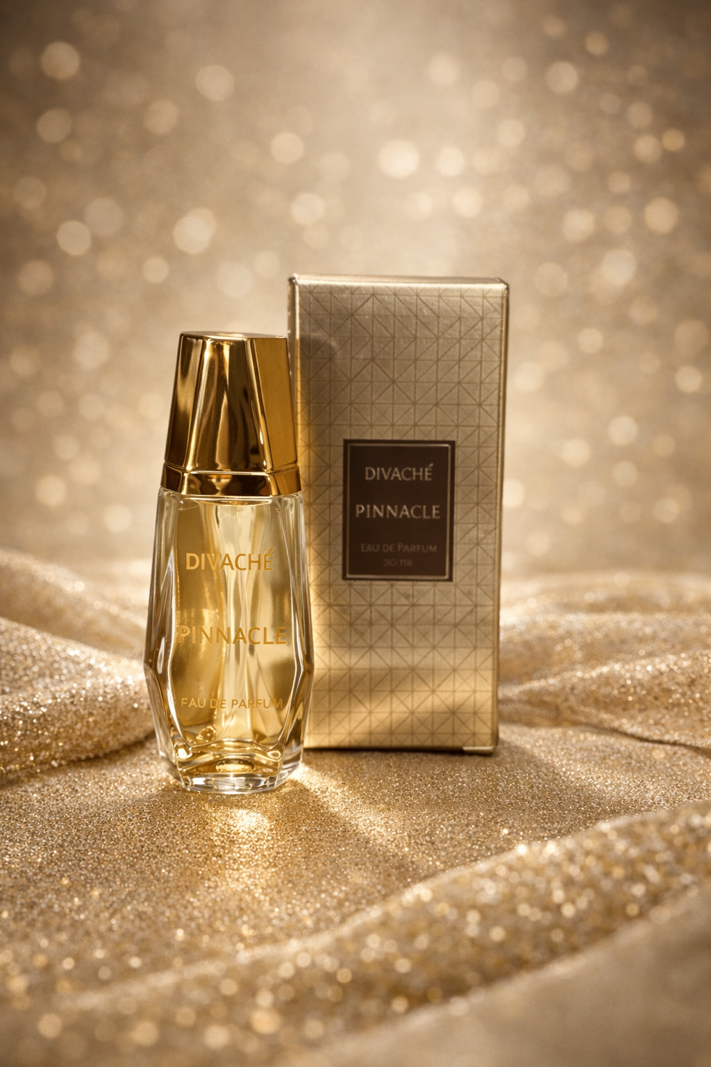 Perfume bottle and packaging with 'Dior' branding on a glittery surface.