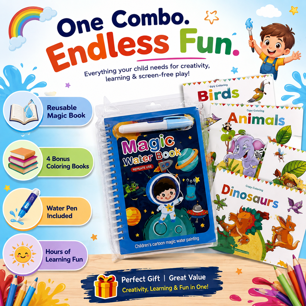 Magic Water Coloring Book + 4 Coloring Books Combo | Mess-Free Creative Learning for Kids