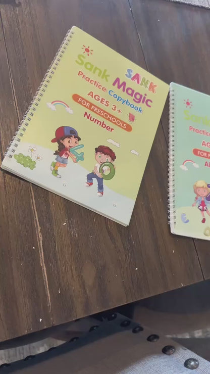 Sank Magic Practice Copybook Set for Kids (4 Books + Pen + Grip + 10 Refills) - Reusable Handwriting Improvement Workbook for Preschool, Nursery & Early Learning
